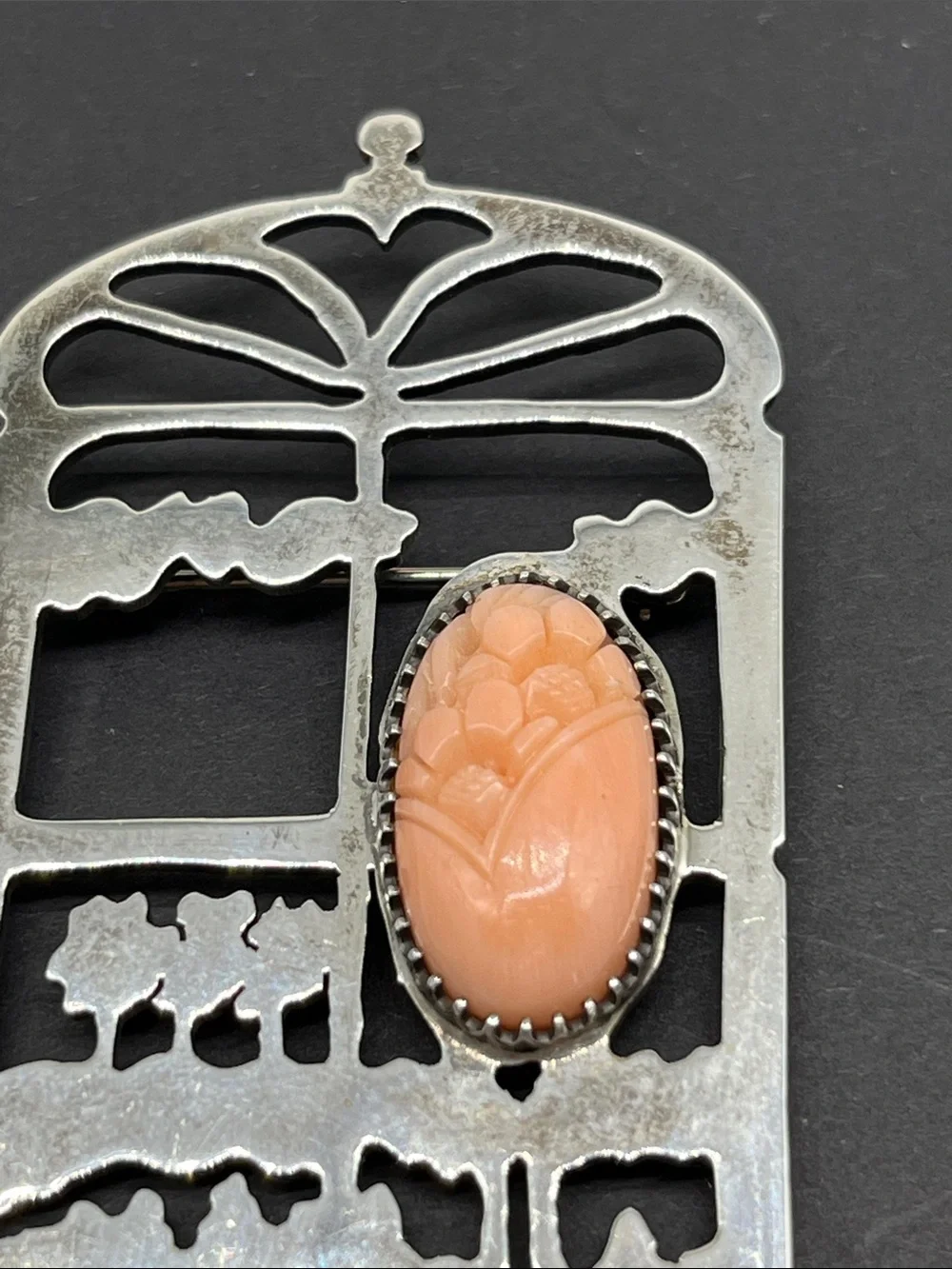 Vintage art nouveau sterling silver brooch with floral carving